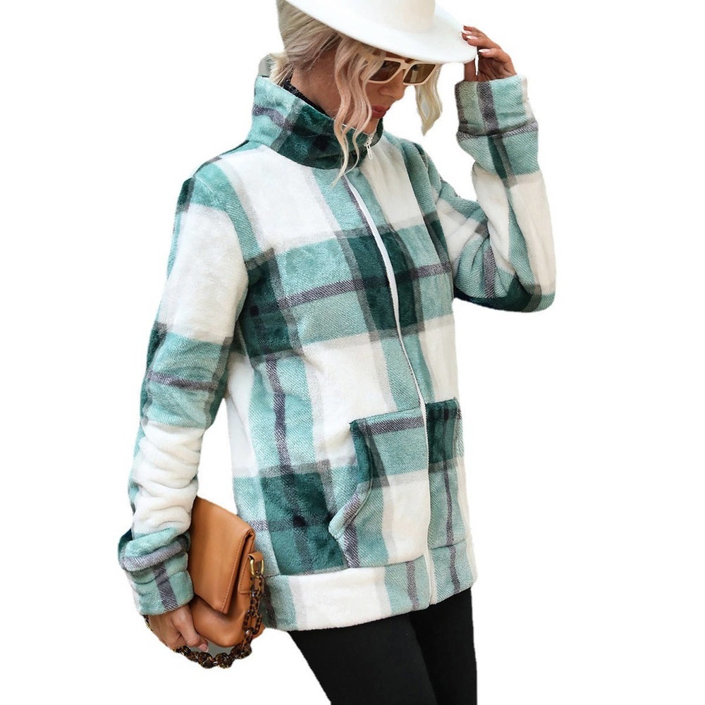Zipper Front Plaid Print Jacket - Picture 5 of 6